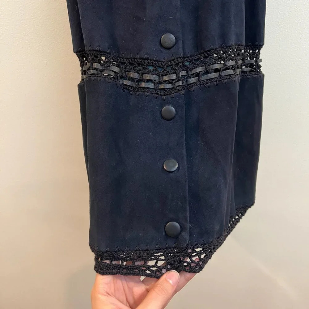 Magda Butrym Oakland Blue Suede Crochet Embroidered Lace Designer Mini Dress 34 - Picture 6 of 14